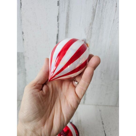 Striped reflector red ornament teardrop ball set lot Xmas tree large - Picture 12 of 13